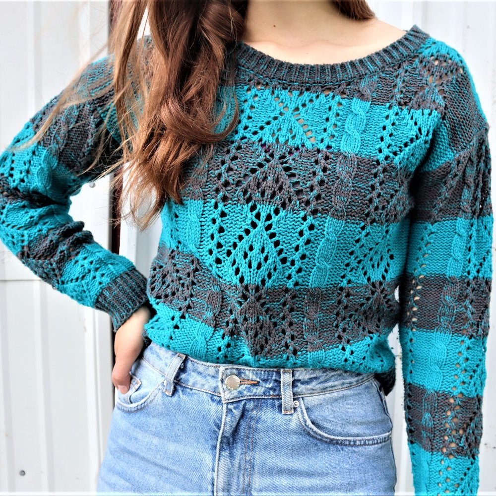 Blue and grey striped Fang sweater size medium